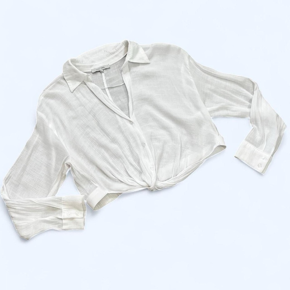 Love Tree Small White Sheer Like Linen Knot V-neck Button Long Sleeve Blouse Top